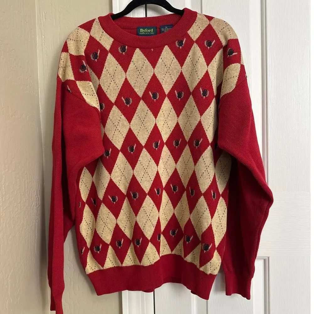 Vintage Byford London New York Argyle‎ Golf Sweater - Red/Tan - 100% Cotton - XL